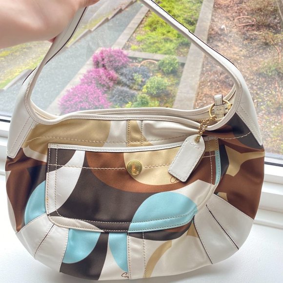 Ergo M0668-10781 Tan and Blue Multi-print Sateen with Leather Trim Hobo Bag - Picture 2 of 11